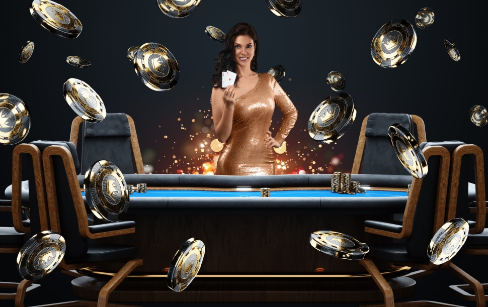 Croupier girl at the poker table, poker room. Poker game, casino, Texas hold'em, online game, card games. Modern design, magazine style